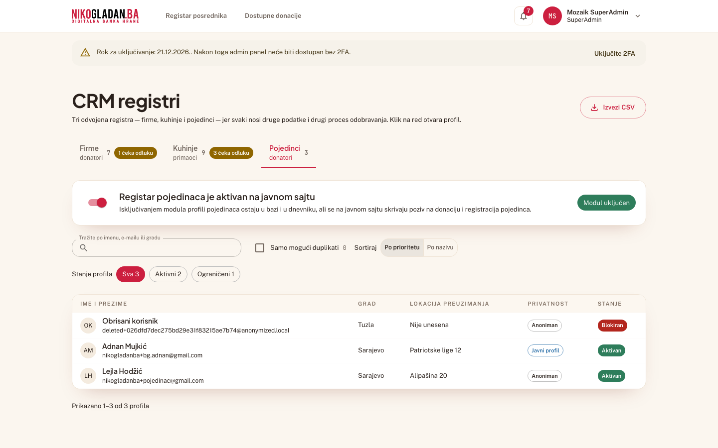 Korak 59: Selma Hadžić je sada „Obrisani korisnik", status Blokiran — donacije ostaju kao trag bez identiteta.