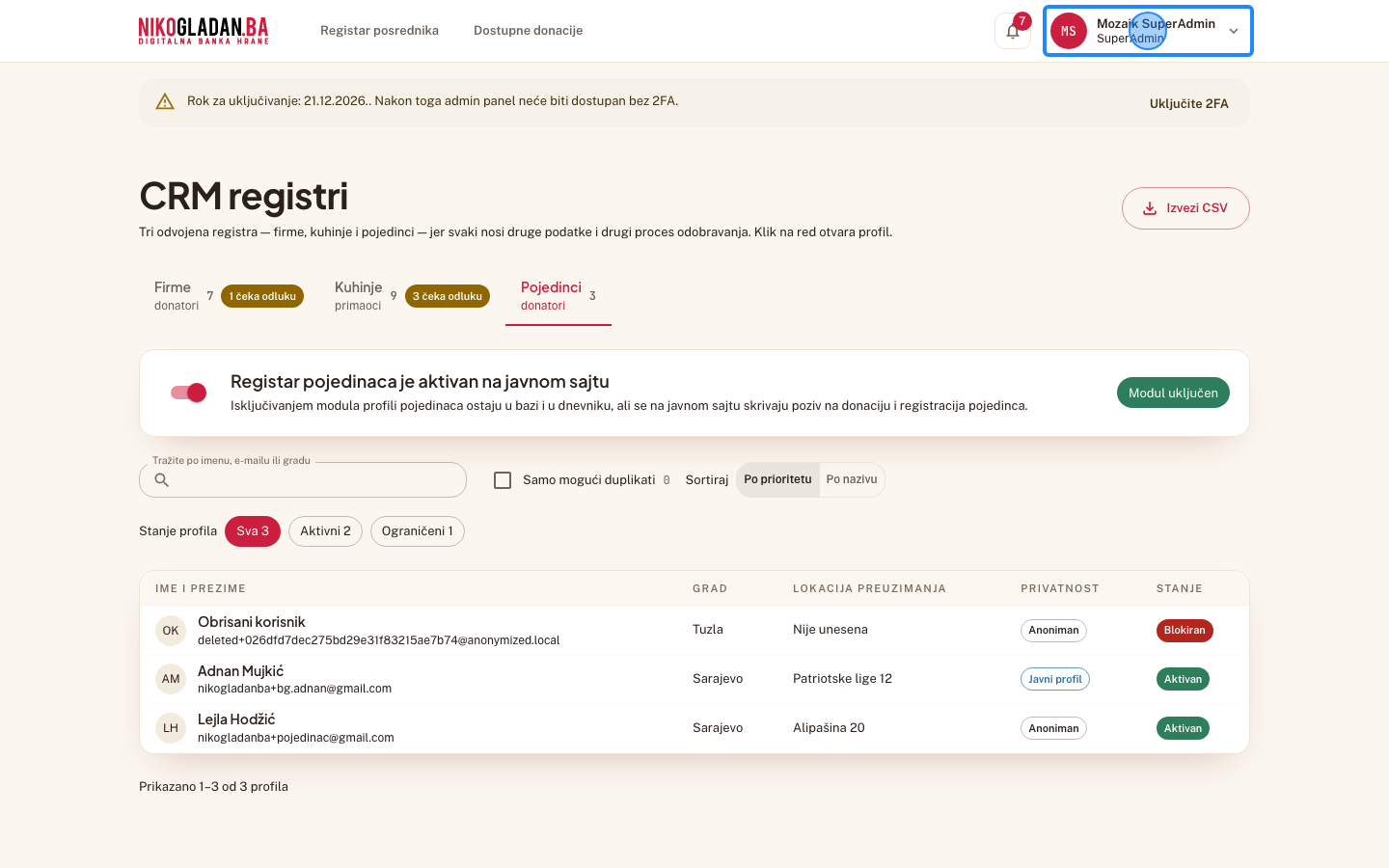 Korak 60: Kliknite ime SuperAdmina gore desno.