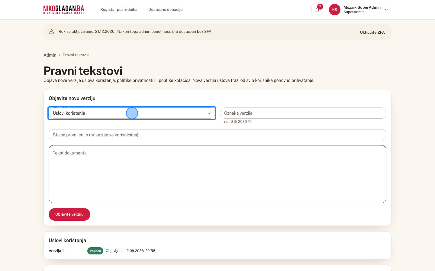 Korak 63: U formi otvorite „Dokument" i odaberite „Uslovi korištenja".