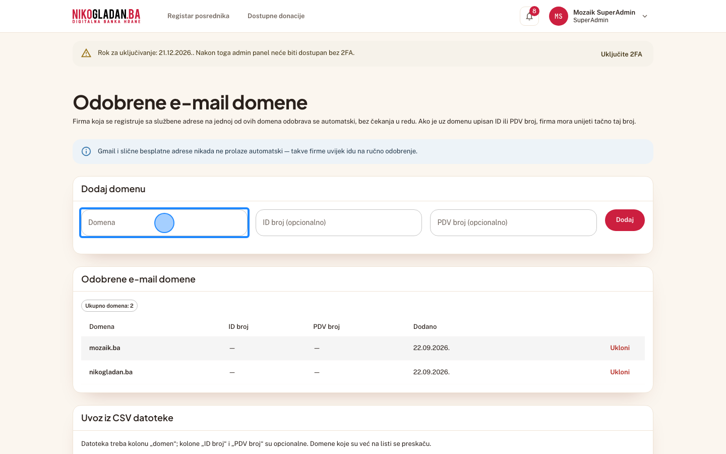 Korak 74: U formi „Dodaj domenu" u polje „Domena" unesite primjer-firma.ba.