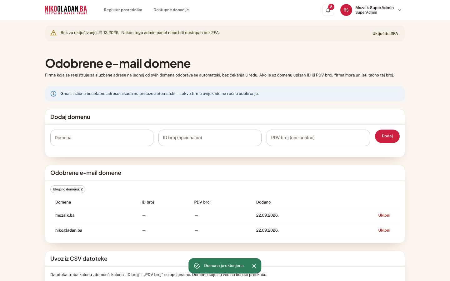 Korak 81: Domena je uklonjena iz tabele.