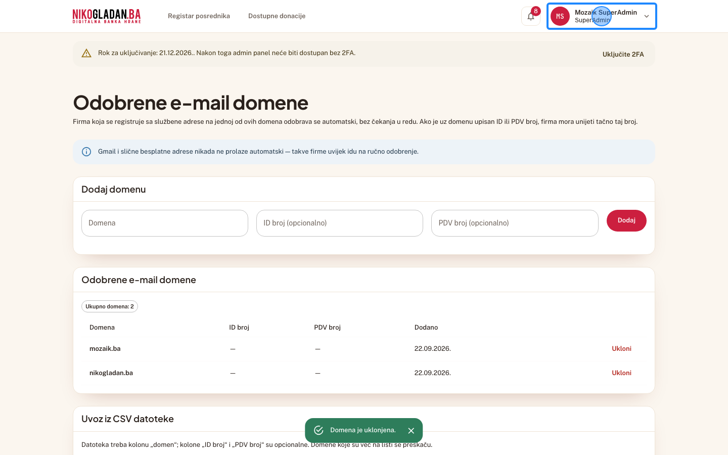 Korak 82: Kliknite ime SuperAdmina gore desno.