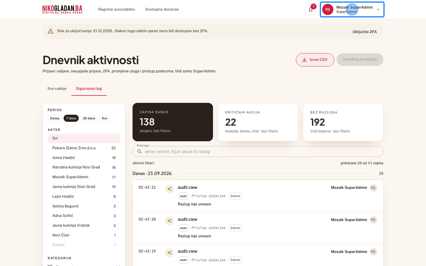 Korak 19: Kliknite ime SuperAdmina gore desno.