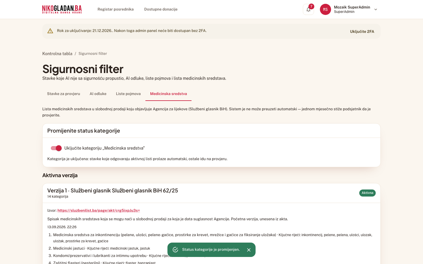 Korak 36: Poruka „Status kategorije je promijenjen." — kategorija je uključena.
