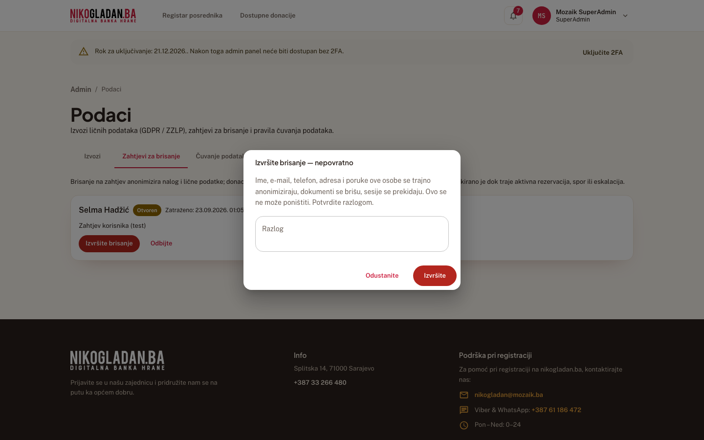 Korak 48: Dijalog „Izvršite brisanje — nepovratno": ime, e-mail, telefon, adresa i poruke se anonimiziraju, dokumenti brišu, sesije prekidaju.