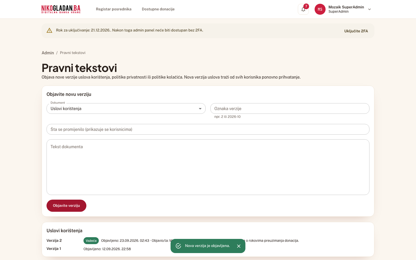 Korak 69: Poruka „Nova verzija je objavljena." — u historiji je verzija 2 s oznakom „Važeća".