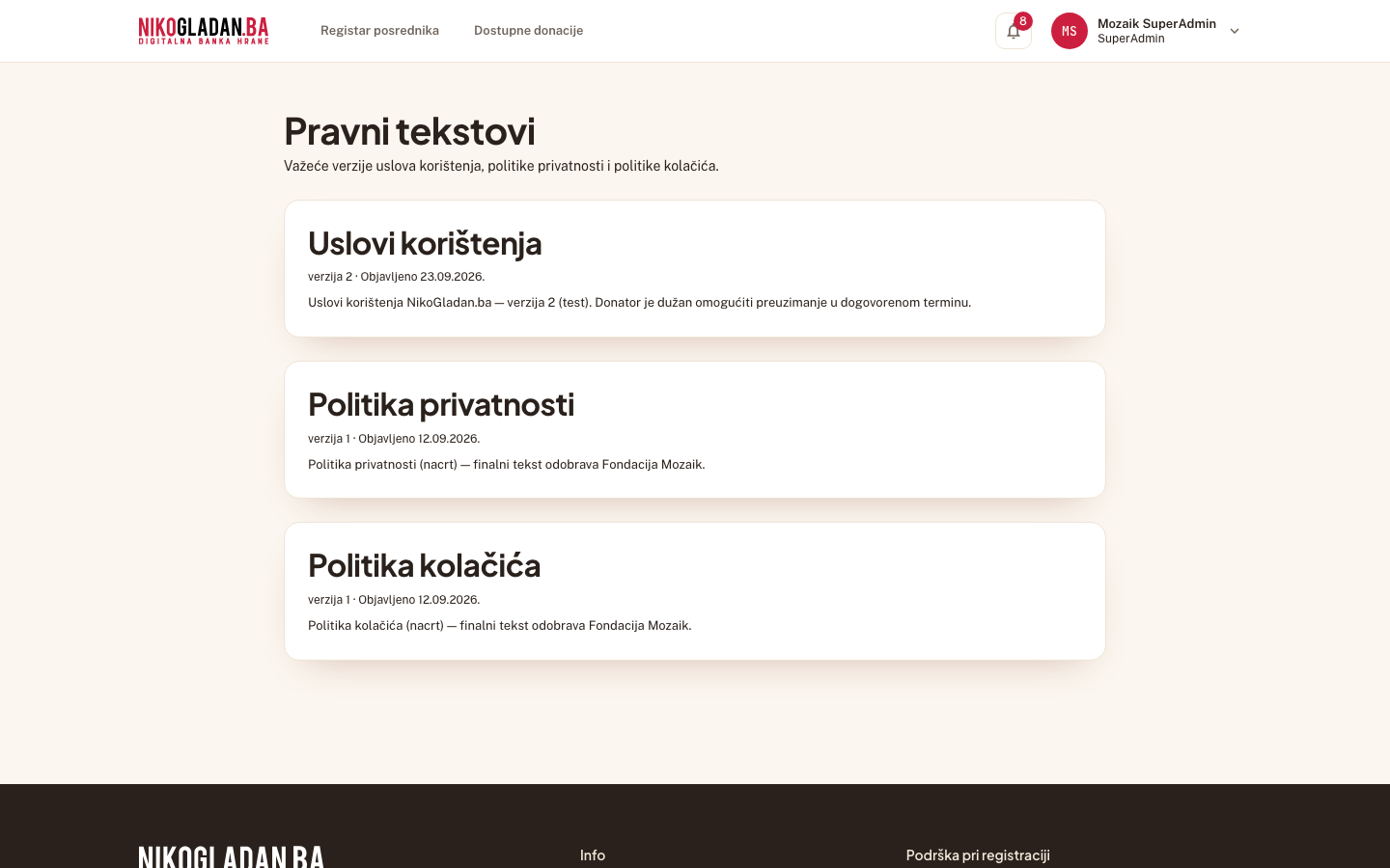 Korak 70: Javna stranica https://nikogladan.nebulam.dev/pravni-tekstovi prikazuje važeće verzije — uslovi korištenja verzija 2.