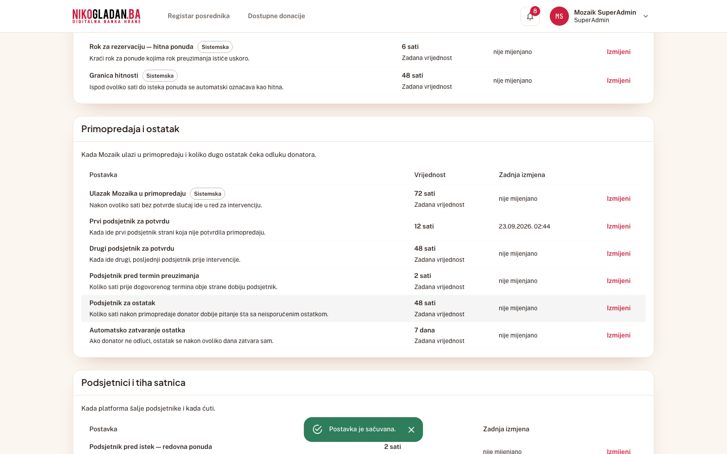 Korak 89: Poruka „Postavka je sačuvana." — red pokazuje novu vrijednost 12.
