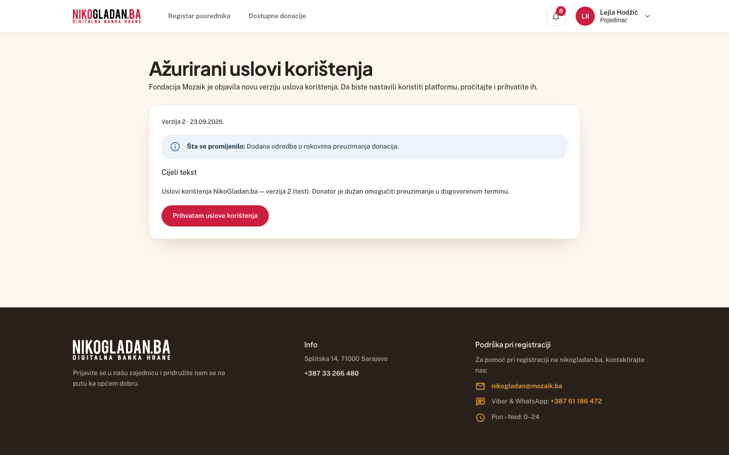 Korak 6: Sistem otvara „Ažurirani uslovi korištenja" (/uslovi-azurirani): Verzija 2, „Šta se promijenilo" i „Cijeli tekst".