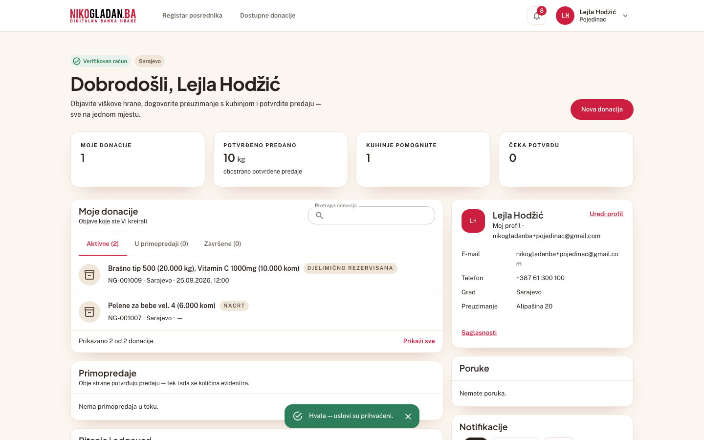 Korak 8: Poruka „Hvala — uslovi su prihvaćeni." — aplikacija odmah otvara kontrolnu tablu.