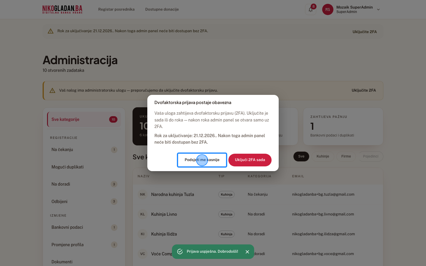 Korak 40: Kliknite dugme „Podsjeti me kasnije" u dijalogu „Dvofaktorska prijava postaje obavezna".