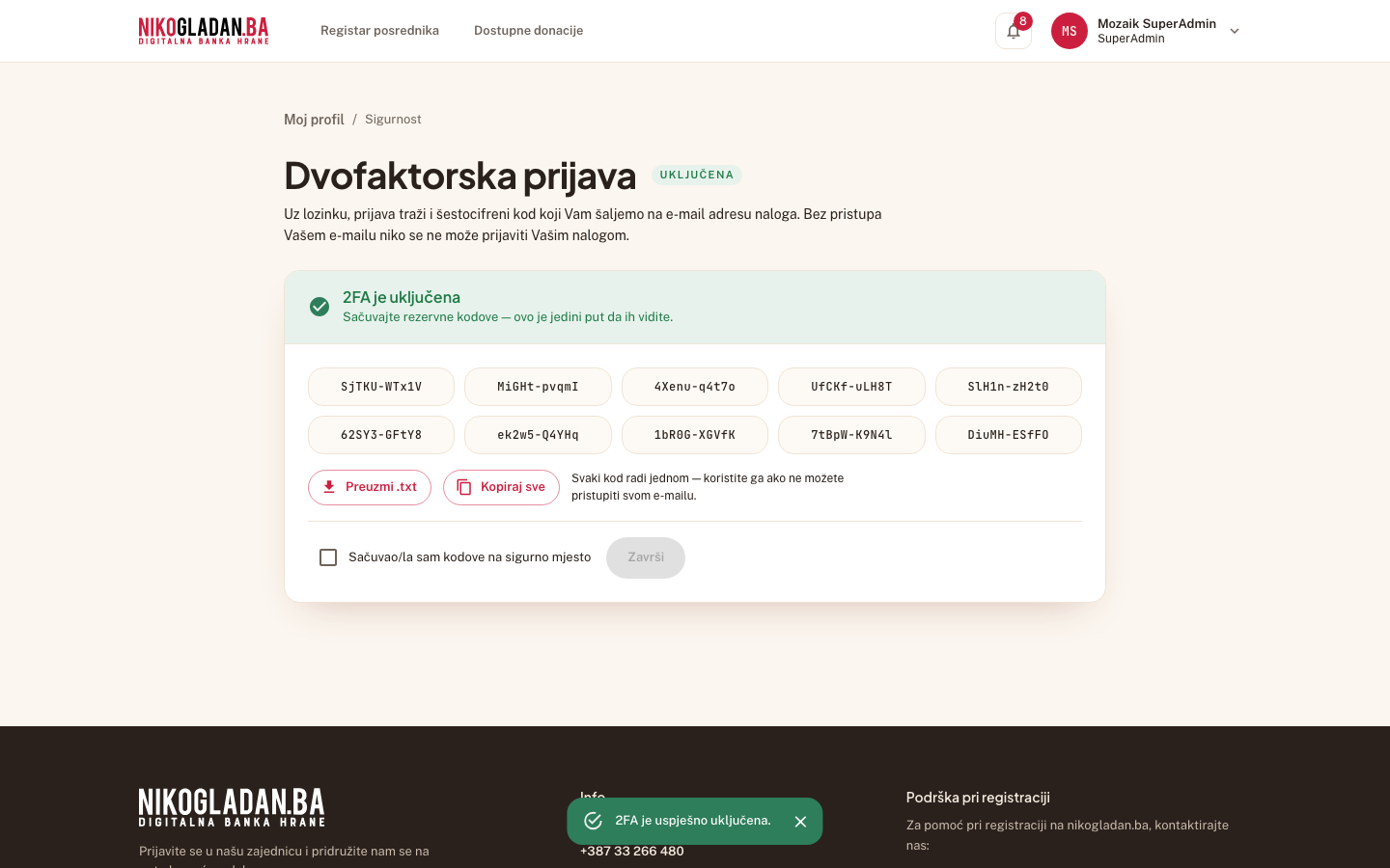 Korak 50: Poruka „2FA je uspješno uključena." i panel „Rezervni kodovi" (10 kodova) s dugmadima „Preuzmi .txt" i „Kopiraj sve".