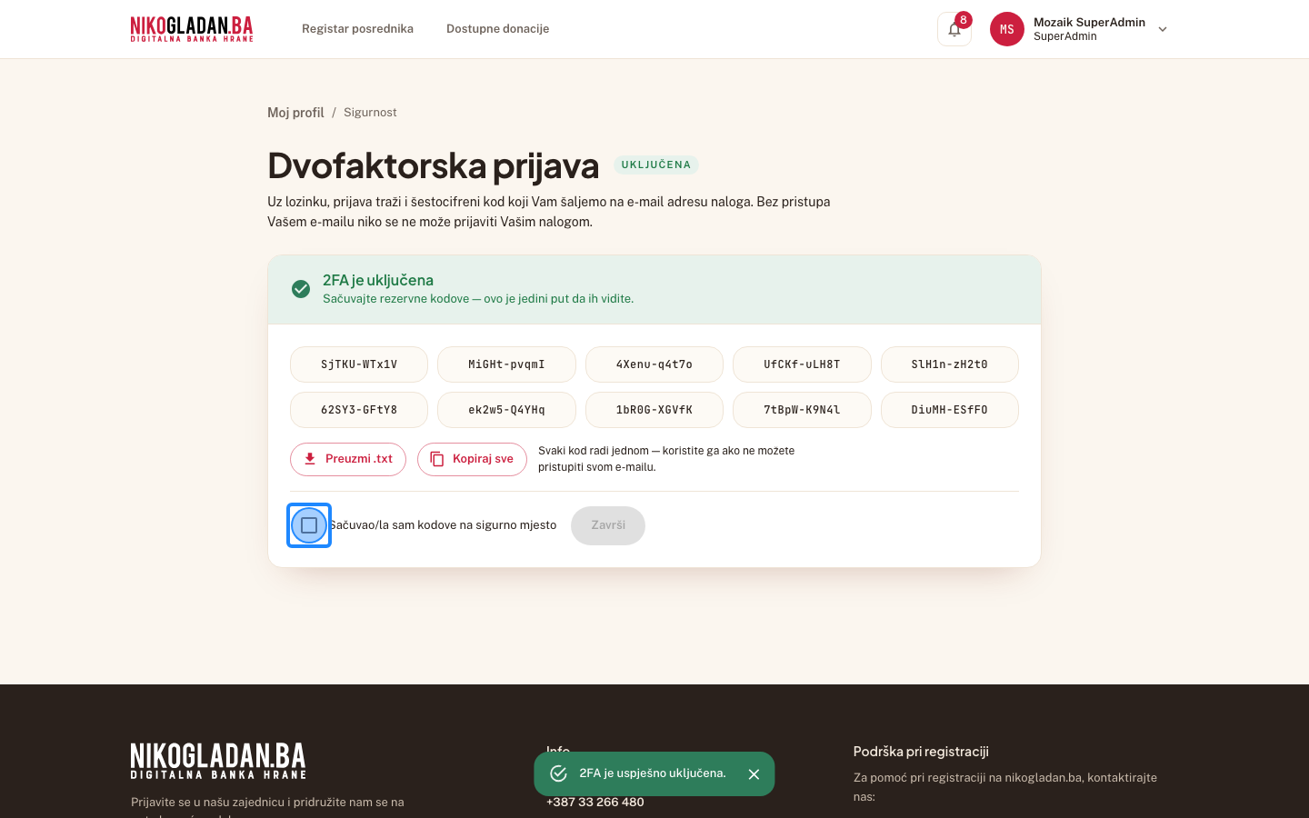 Korak 51: Označite „Sačuvao/la sam kodove na sigurno mjesto".