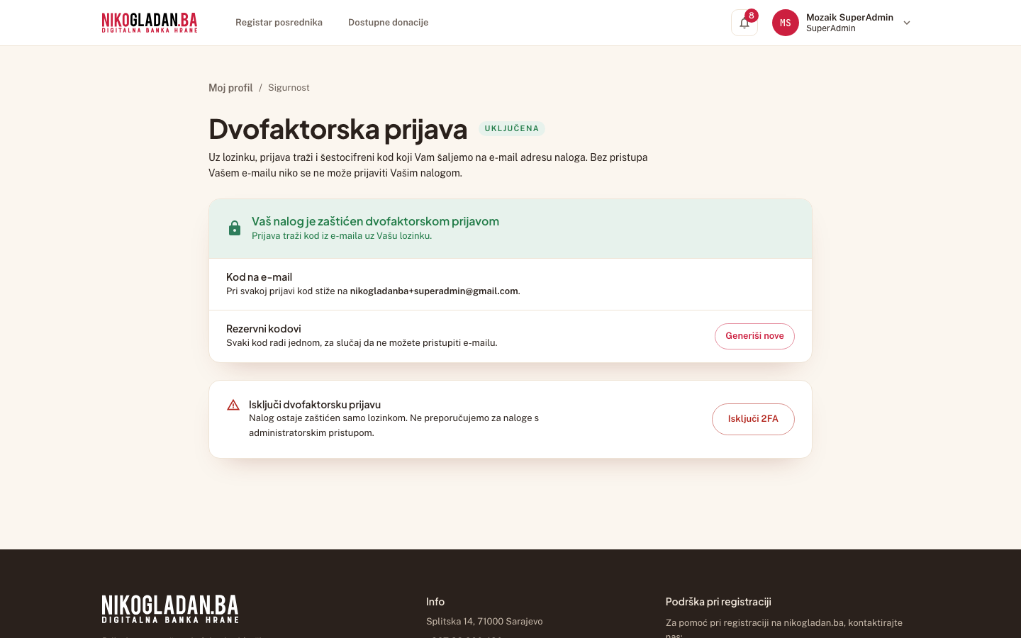 Korak 53: Status „Uključena" — „Vaš nalog je zaštićen dvofaktorskom prijavom".