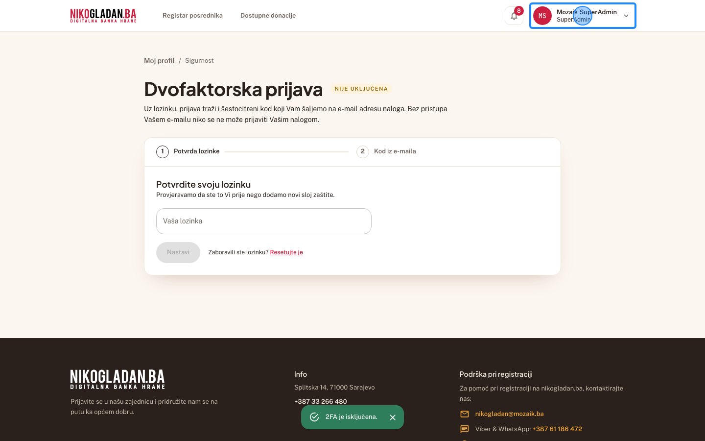Korak 71: Kliknite ime SuperAdmina gore desno.