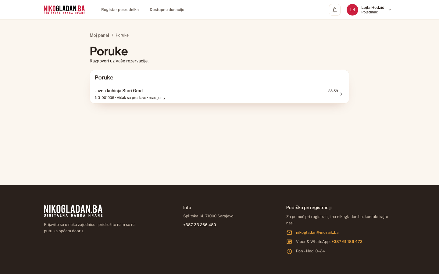 Korak 23: Stranica „Poruke" (/poruke): razgovor uz NG-001009 — samo za čitanje jer je rezervacija završena.