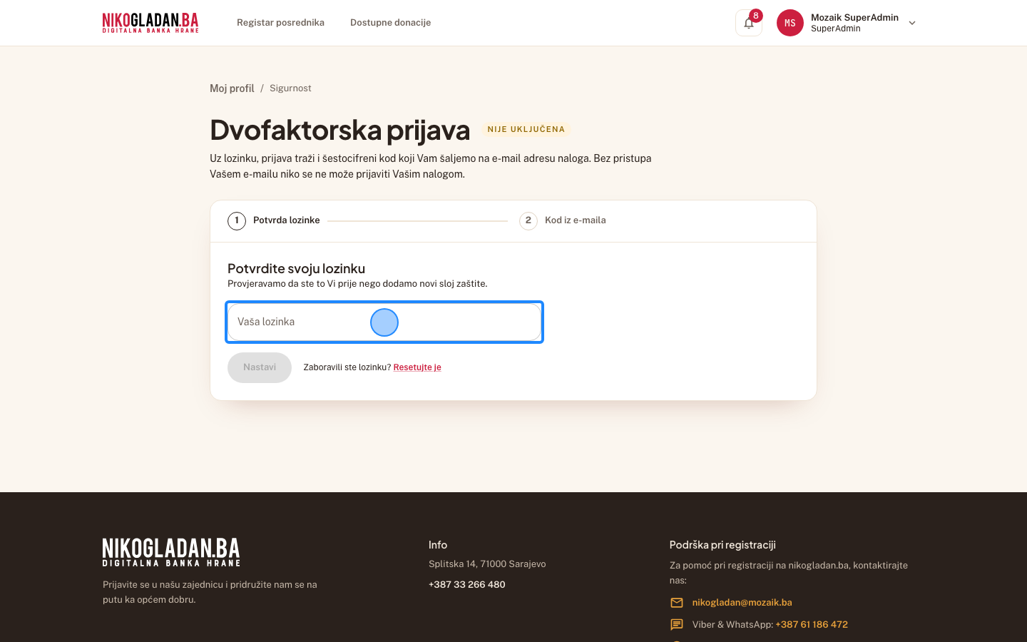Korak 44: Korak 1 „Potvrdite svoju lozinku": u polje „Vaša lozinka" unesite NikoGladan.Ba_2026.