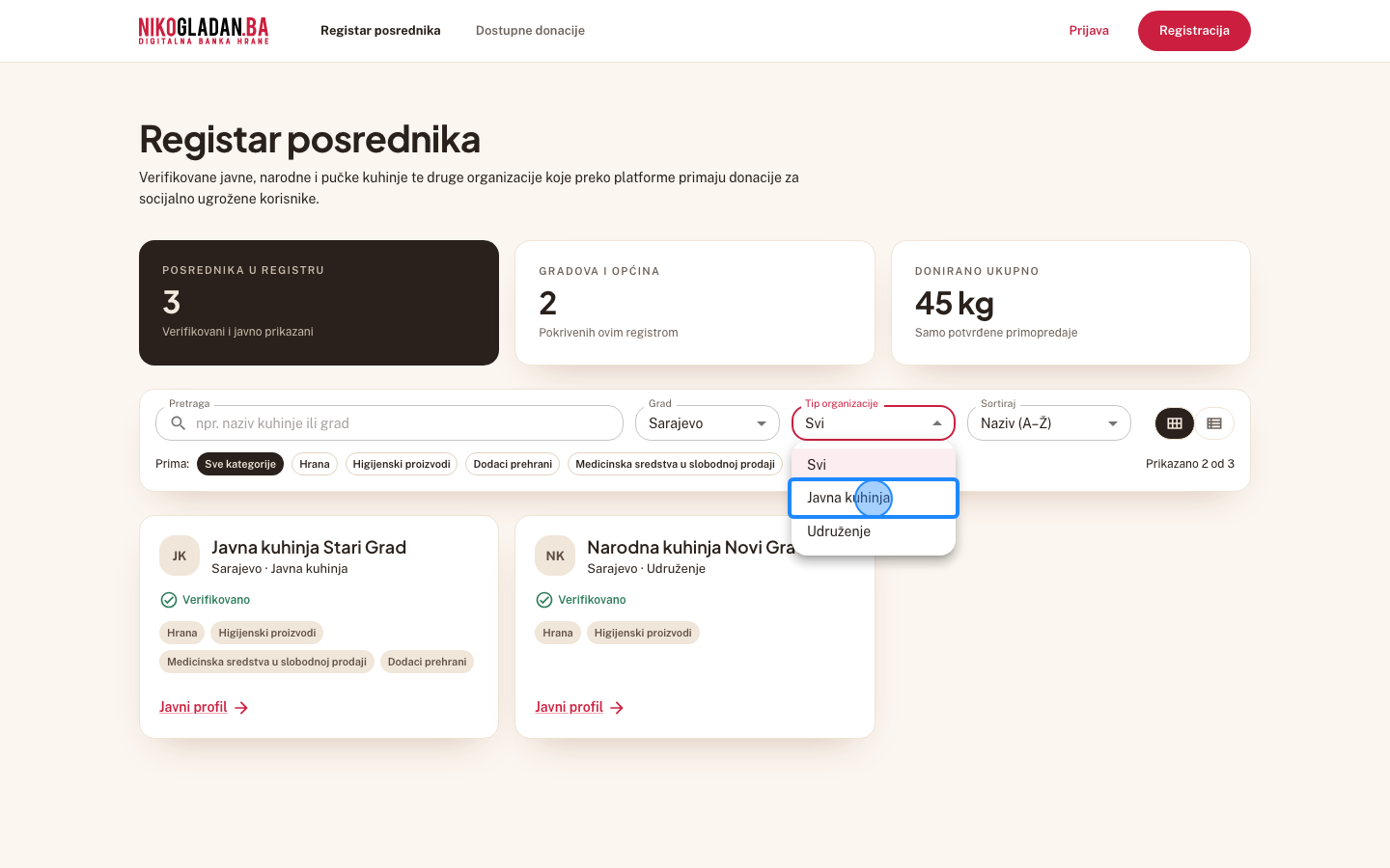 Korak 14: U otvorenoj listi odaberite „Javna kuhinja" (dostupno: Svi, Javna kuhinja, Udruženje).