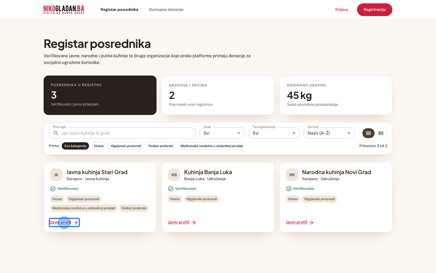 Korak 23: Na kartici „Javna kuhinja Stari Grad" kliknite link „Javni profil".