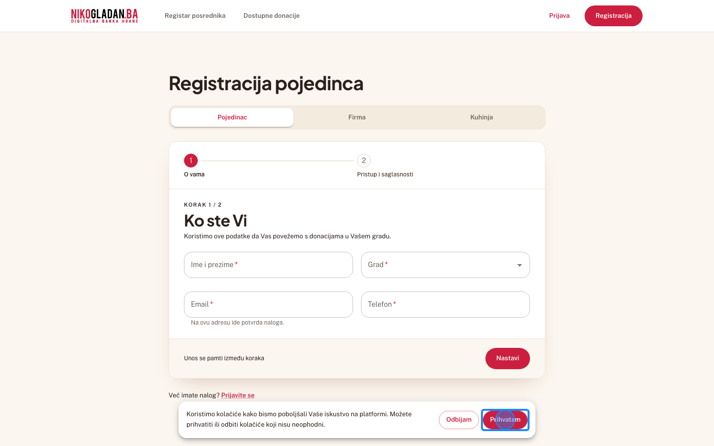 Korak 1: Kliknite „Prihvatam" na traci za kolačiće (pojavljuje se pri prvom otvaranju u svakom prozoru).