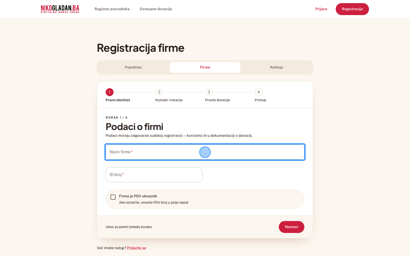 Korak 4: Korak 1 „Podaci o firmi": u polje „Naziv firme" (placeholder „Puni naziv iz registra") unesite Pekara Sunce d.o.o..