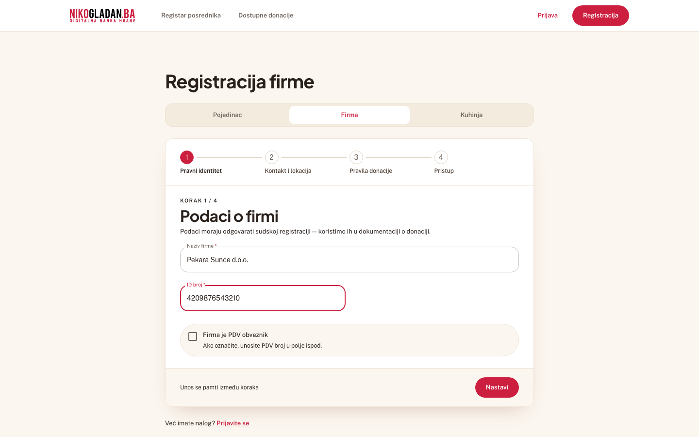 Korak 6: Kućicu „Firma je PDV obveznik" ostavite neoznačenu.