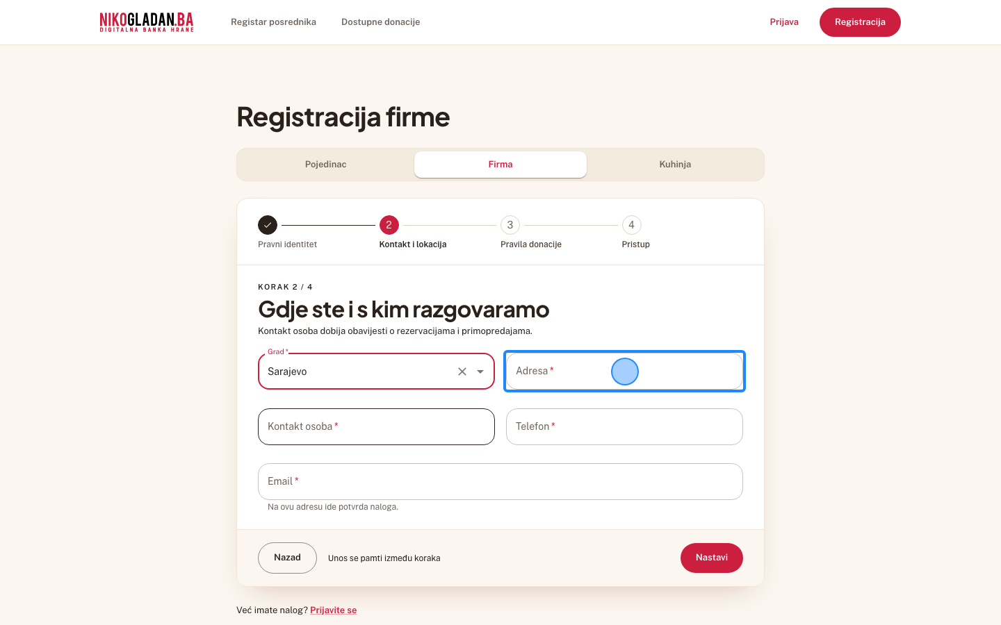 Korak 10: U polje „Adresa" (placeholder „Ulica i broj") unesite Titova 1.