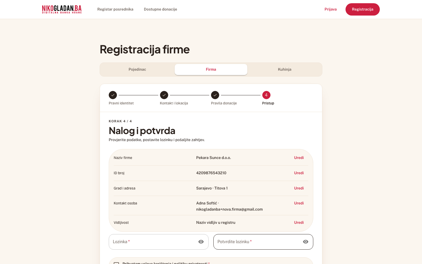 Korak 19: Korak 4 „Nalog i potvrda": pregled unesenih podataka — svaki red ima link „Uredi" za povratak na taj korak.