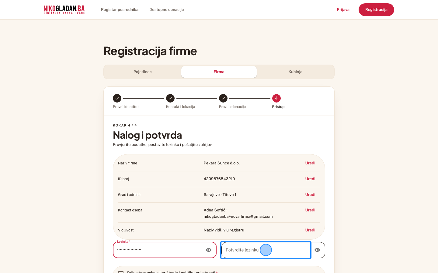 Korak 21: U polje „Potvrdite lozinku" ponovo unesite NikoGladan.Ba_2026.