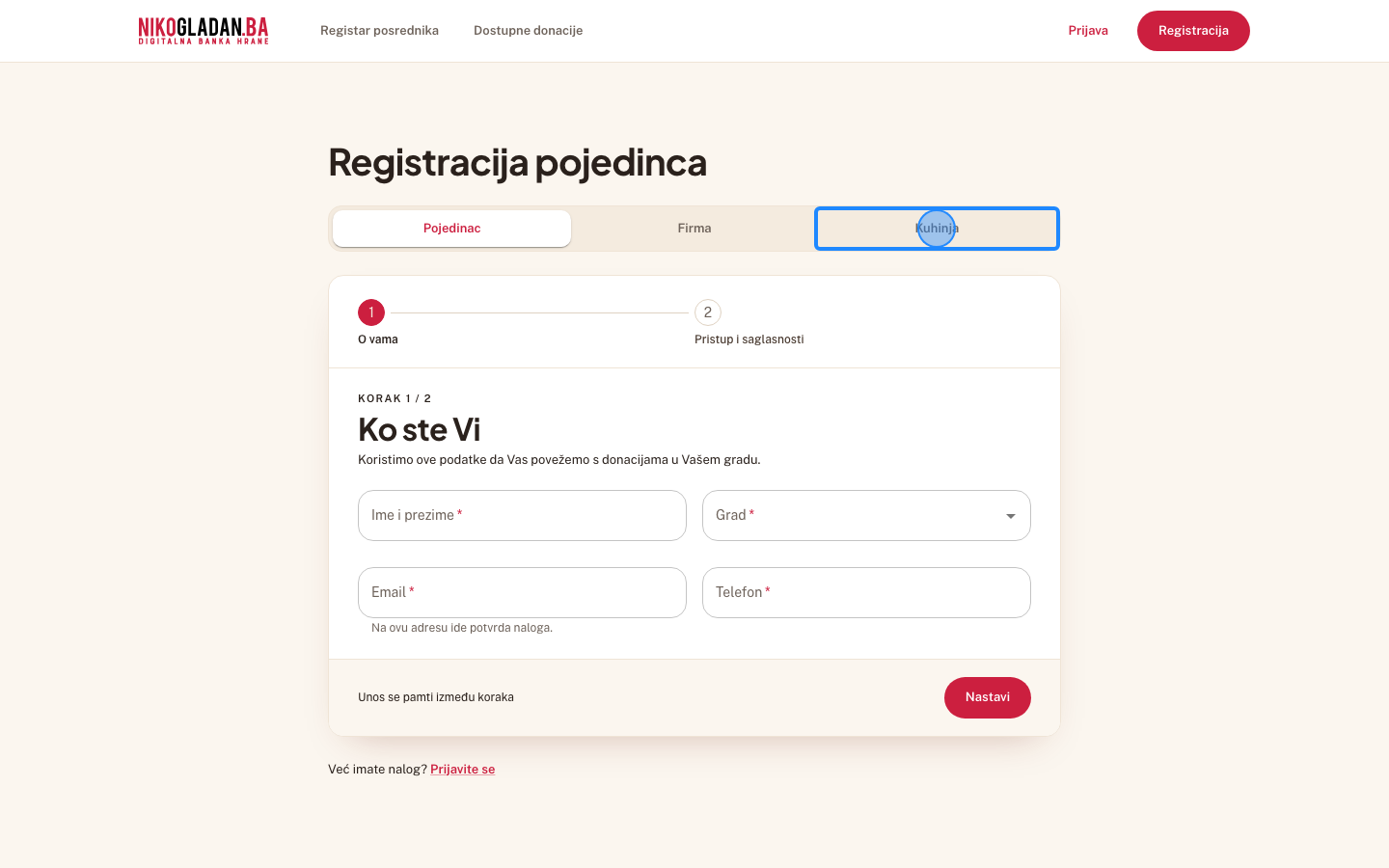 Korak 36: Otvorite https://nikogladan.nebulam.dev/registracija i kliknite karticu „Kuhinja".