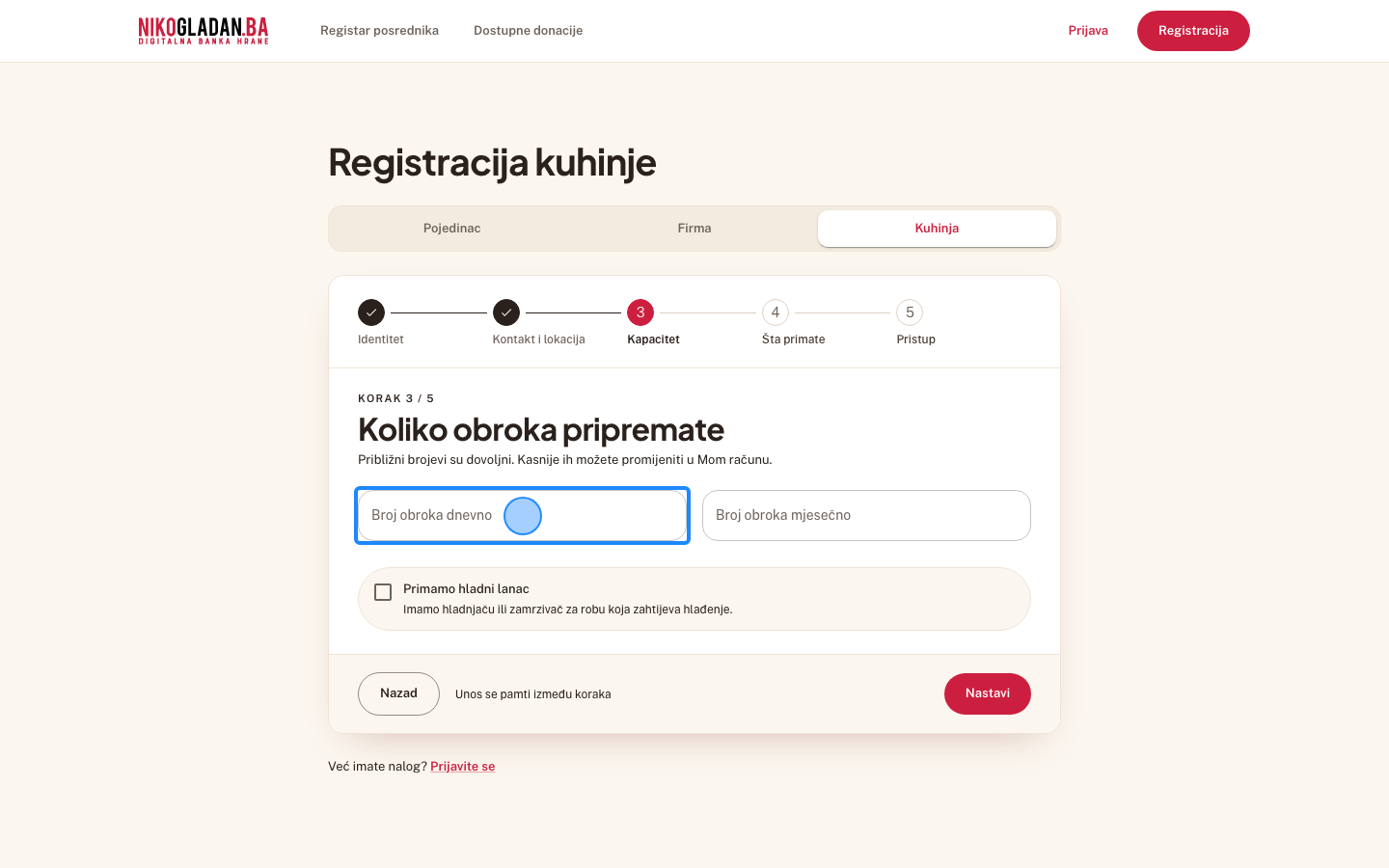 Korak 48: Korak 3 „Koliko obroka pripremate": u „Broj obroka dnevno" unesite 100.