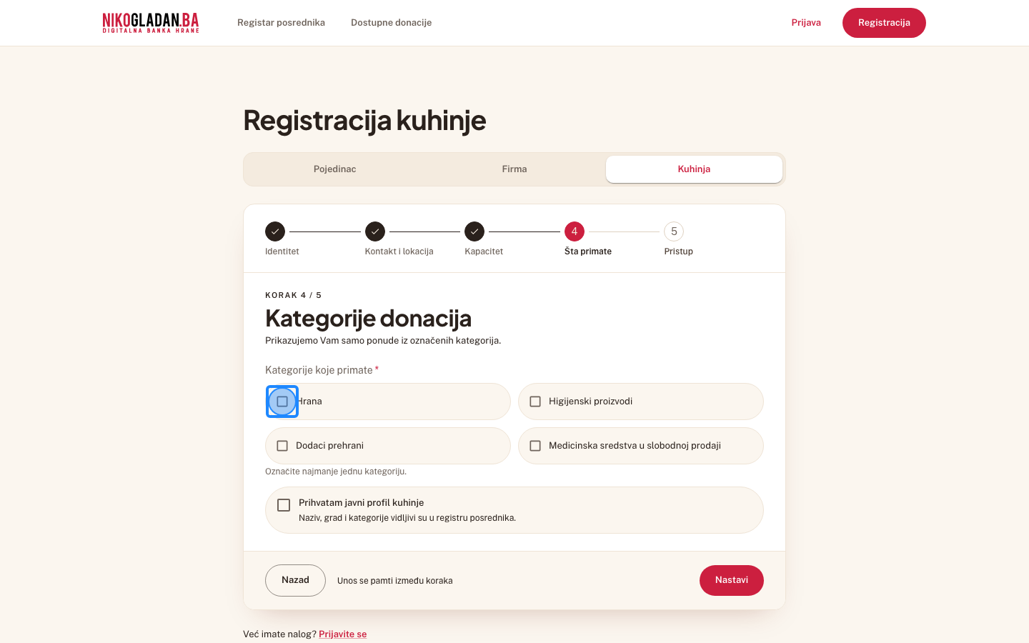 Korak 51: Korak 4 „Kategorije donacija": označite „Hrana".