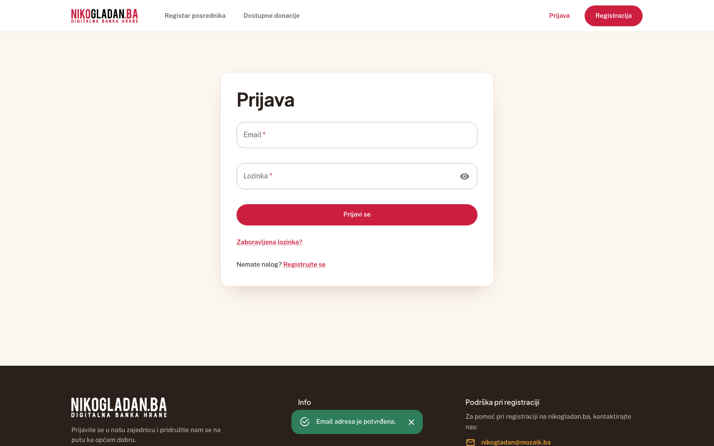 Korak 62: Stranica potvrde: email adresa kuhinje je potvrđena. Odavde idete na prijavu.