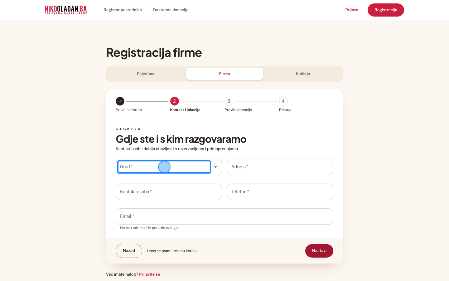 Korak 8: U polje „Grad" počnite kucati „Sarajevo" — polje nudi gradove sa liste.