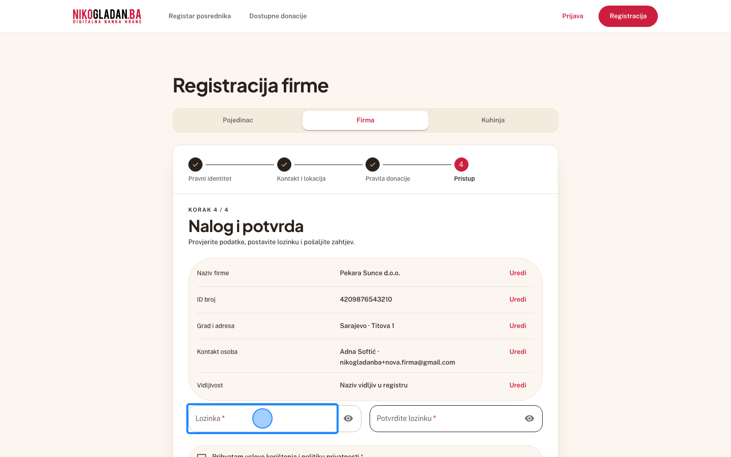 Korak 20: U polje „Lozinka" unesite NikoGladan.Ba_2026.