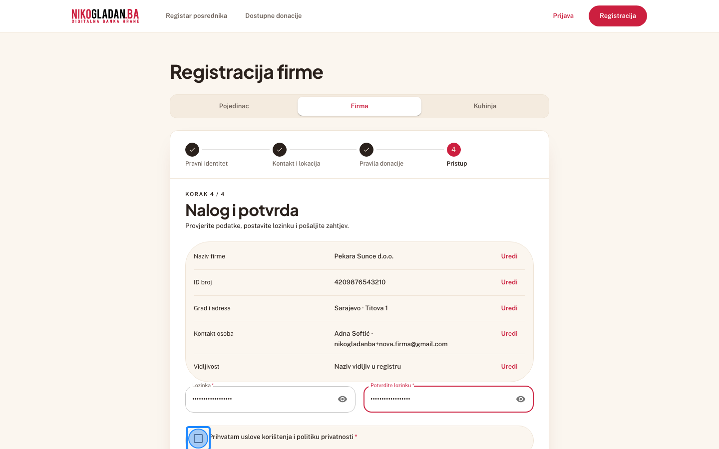 Korak 22: Označite „Prihvatam uslove korištenja i politiku privatnosti".