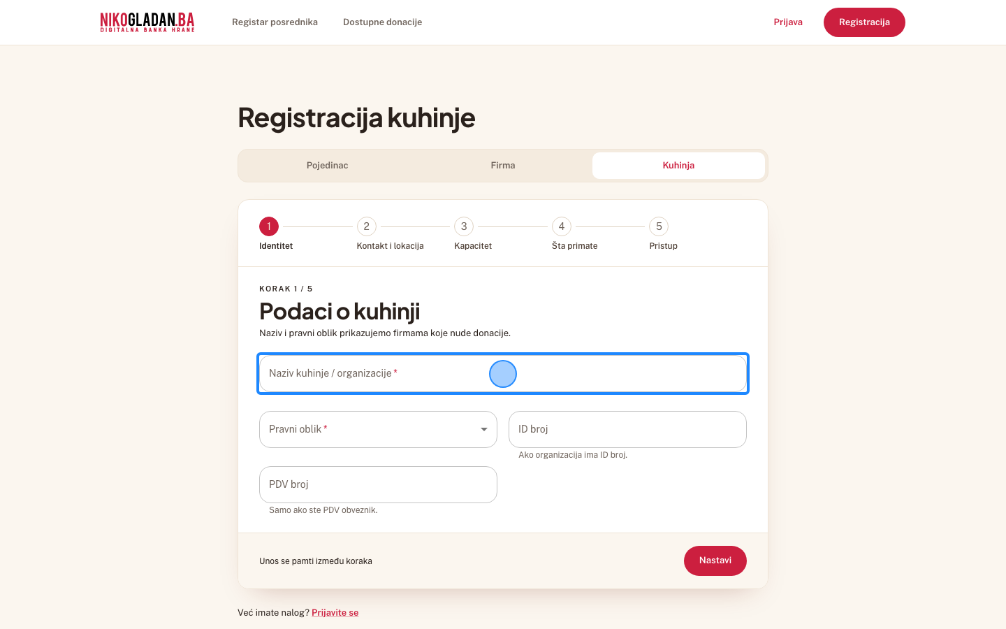 Korak 37: Korak 1 „Podaci o kuhinji": u polje „Naziv kuhinje / organizacije" unesite Javna kuhinja Vratnik.