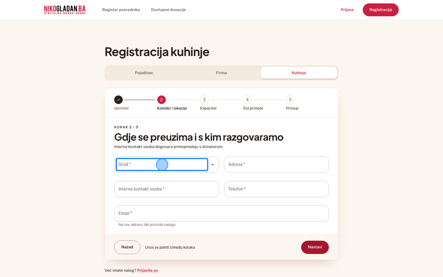 Korak 41: U polje „Grad" počnite kucati „Sarajevo" — polje nudi gradove sa liste.