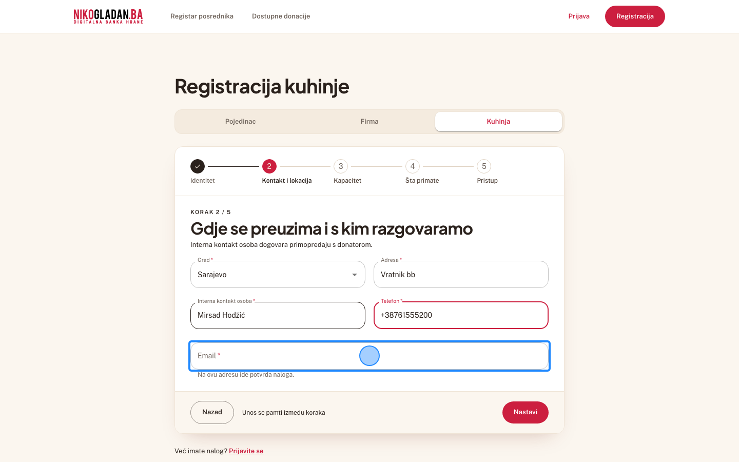 Korak 46: U polje „Email" unesite nikogladanba+nova.kuhinja@gmail.com.