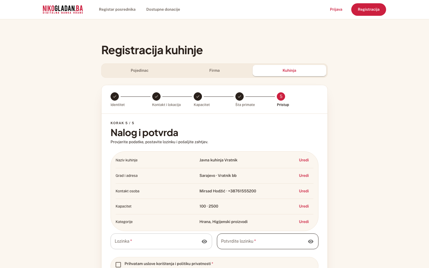 Korak 55: Korak 5 „Nalog i potvrda": pregled unesenih podataka s linkovima „Uredi".