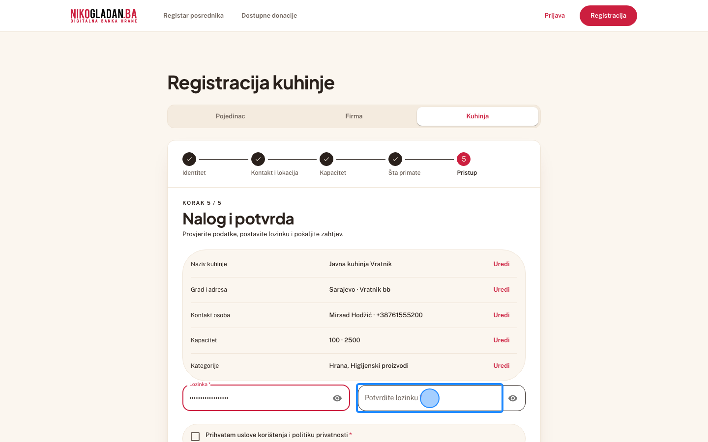 Korak 57: U polje „Potvrdite lozinku" ponovo unesite NikoGladan.Ba_2026.