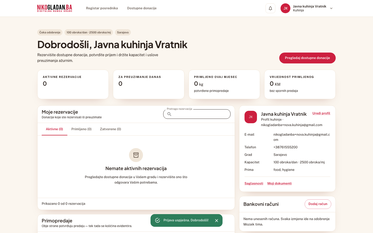 Korak 66: Kontrolna tabla kuhinje s oznakom „Čeka odobrenje" i kapacitetom „100 obroka/dan · 2500 obroka/mj".