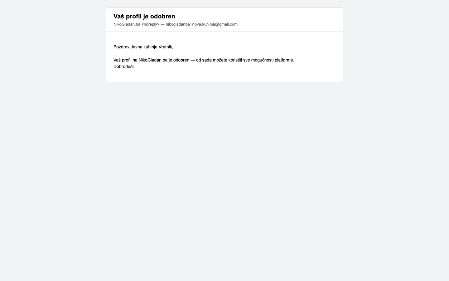 Korak 48: [Gmail] Email „Vaš profil je odobren" za Javna kuhinja Vratnik.