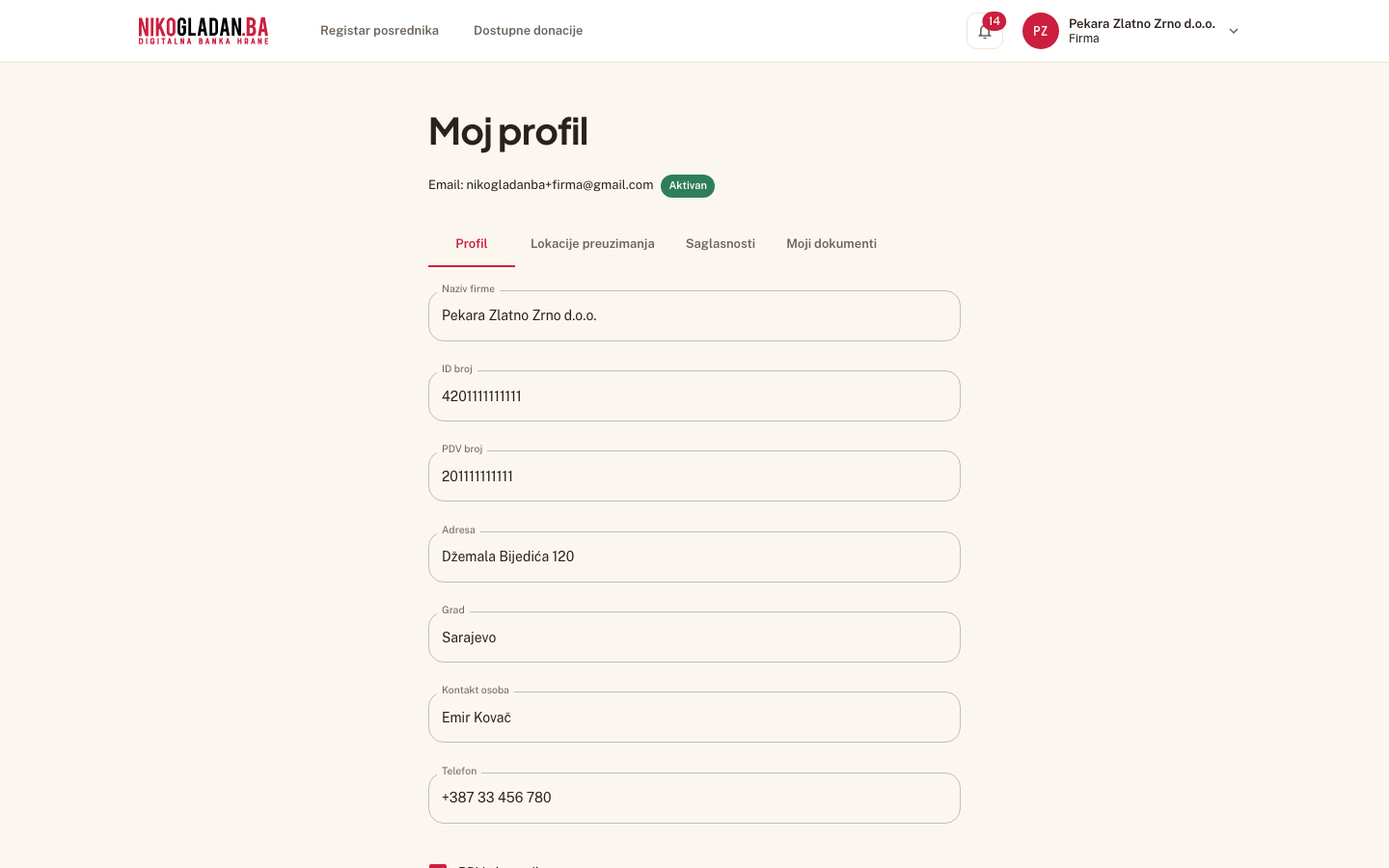 Korak 10: Stranica „Moj profil" (/profil) s tabovima „Profil", „Lokacije preuzimanja", „Saglasnosti" i „Moji dokumenti". Tab Profil prikazuje podatke firme.