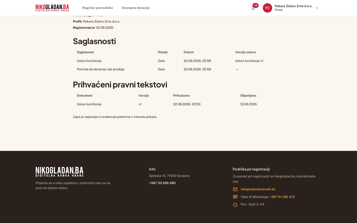 Korak 27: Tabela saglasnosti i prihvaćenih pravnih tekstova u nastavku stranice.