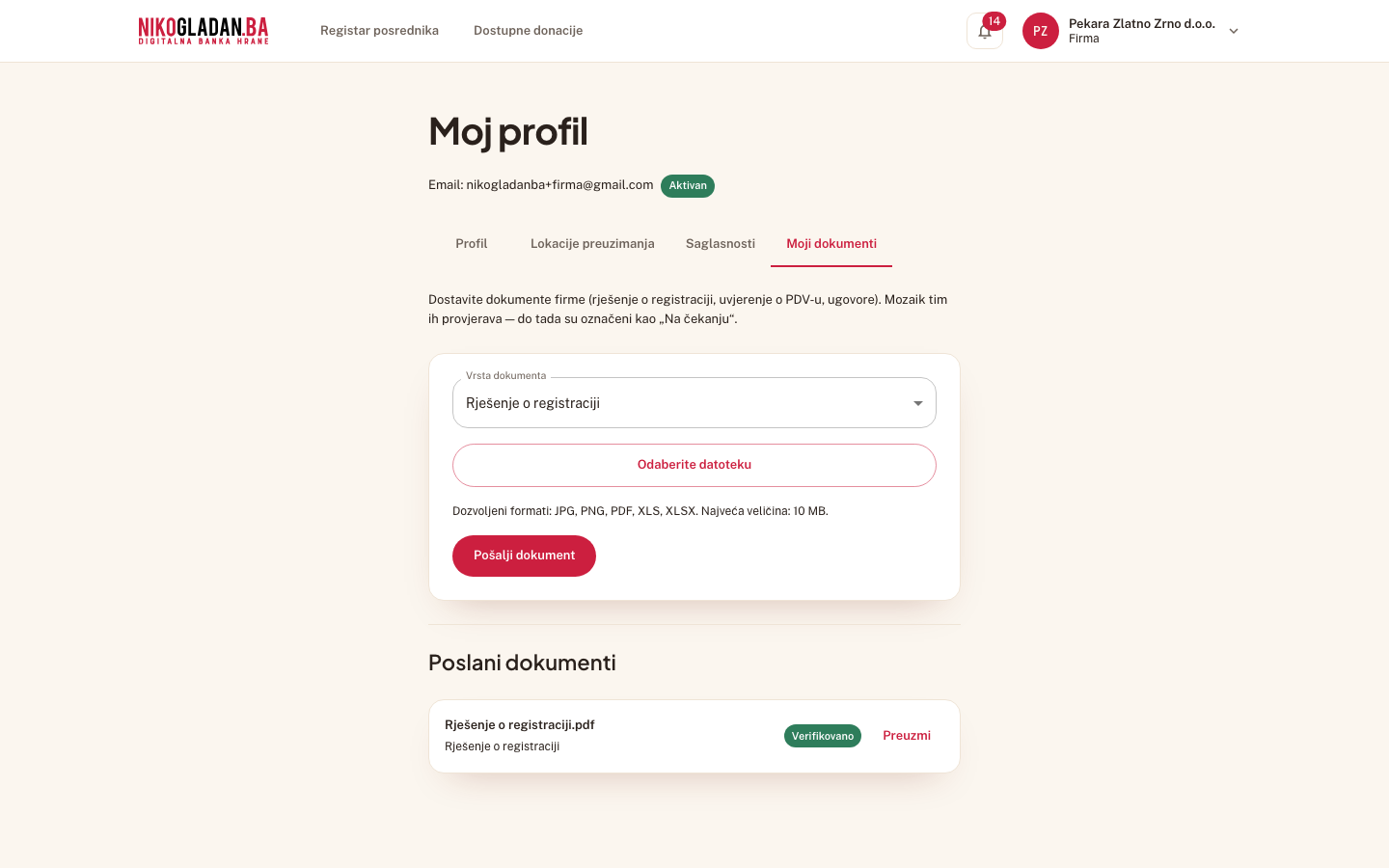 Korak 31: Poslani dokumenti: „Rješenje o registraciji.pdf" sa statusom „Verifikovano". Iznad je obrazac za novi dokument.