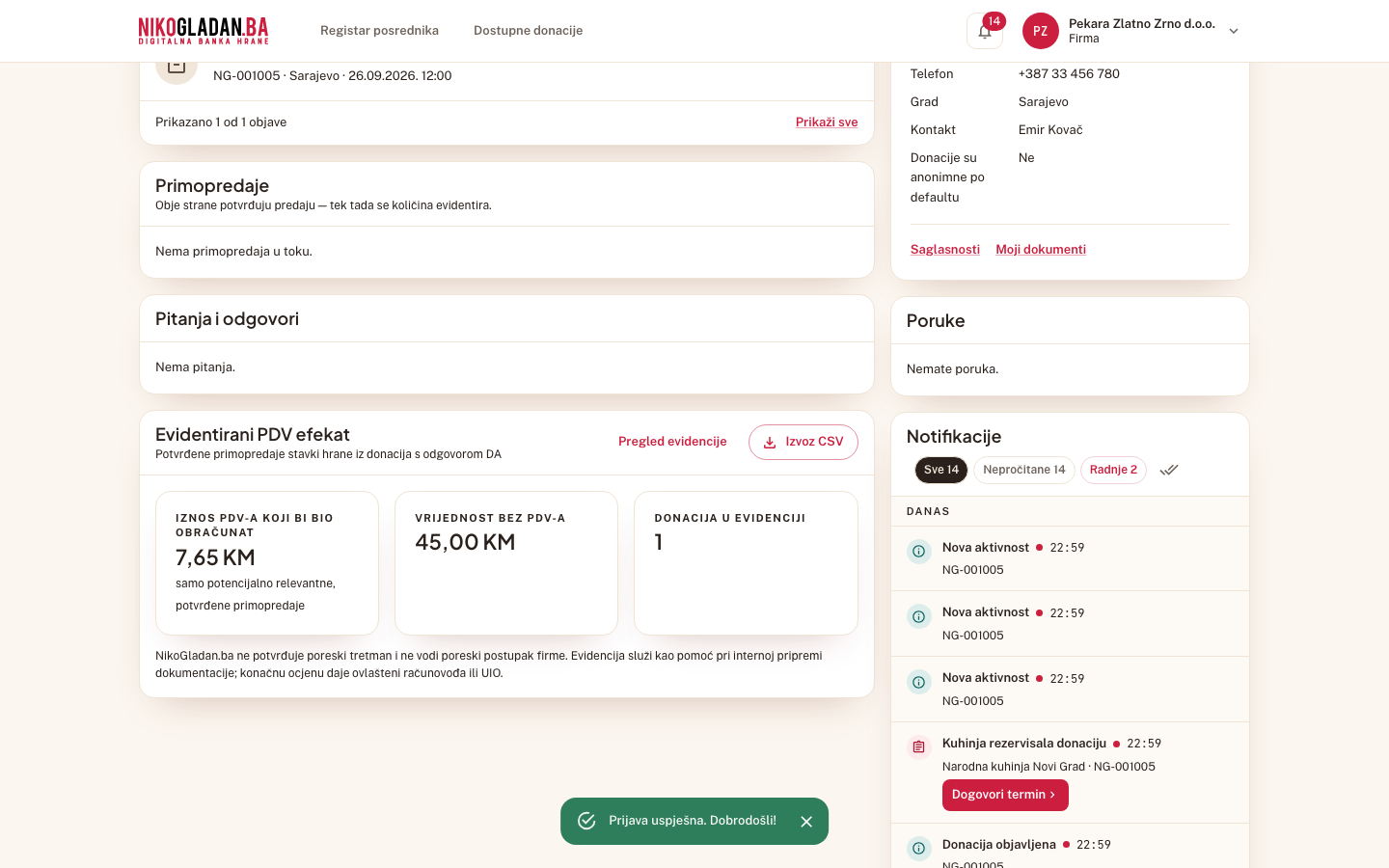 Korak 7: Kartica „Moje ponude" s NG-001004 „Brašno i šećer — septembar" i NG-001005 „Hljeb i pecivo — petak" te kartica „Evidentirani PDV efekat".