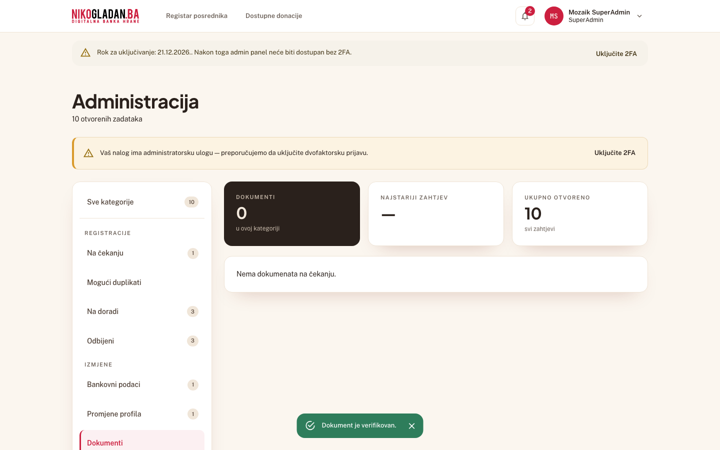 Korak 50: Poruka „Dokument je verifikovan." — kartica „Pekara Zlatno Zrno d.o.o. · Ugovor" nestaje iz liste.