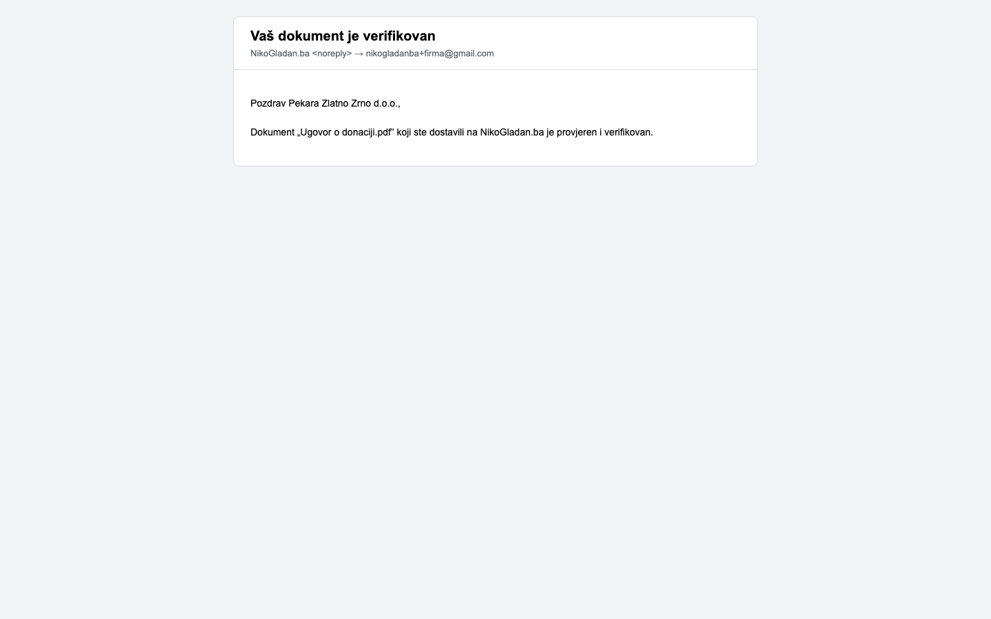 Korak 51: [Gmail] Email „Vaš dokument je verifikovan" firmi Pekara Zlatno Zrno d.o.o. za Ugovor.
