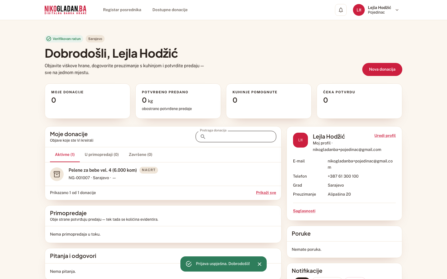 Korak 6: Kontrolna tabla: „Dobrodošli, Lejla Hodžić", brojači „Moje donacije", „Potvrđeno predano", „Kuhinje pomognute" i „Čeka potvrdu".